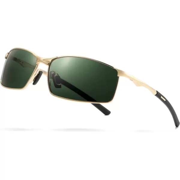 SUNGAIT Ultra Lightweight Polarized Sunglasses Men Rectangular Metal Frame with Spring HingeGold Frame Green Lens