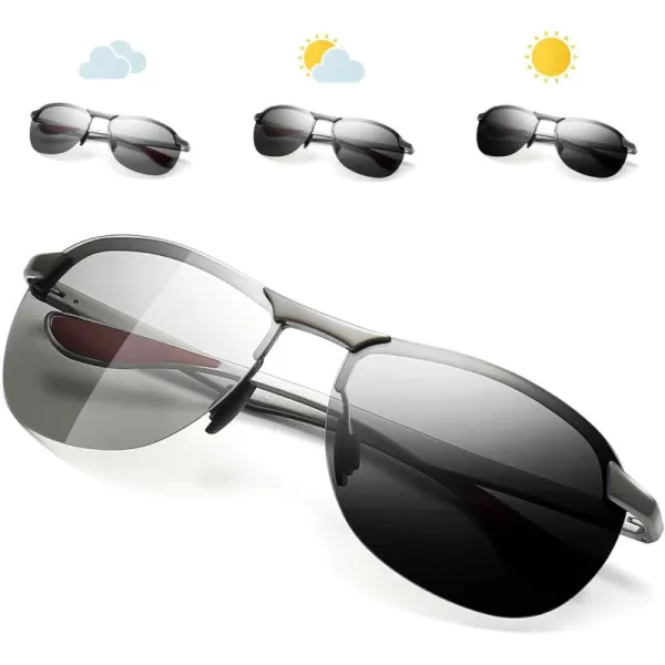 SUNGAIT Ultra Lightweight Polarized Sunglasses Men Rectangular Metal Frame with Spring HingeGunmetal FramePhotochromic Polarized Lens