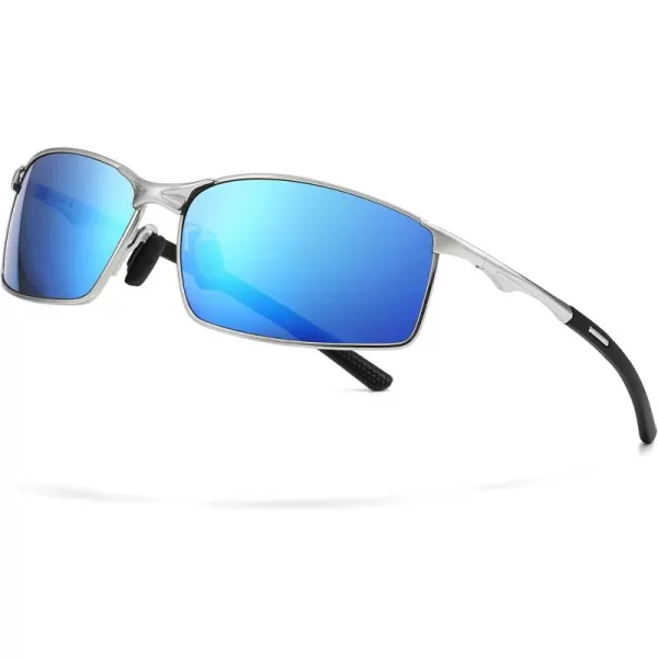 SUNGAIT Ultra Lightweight Polarized Sunglasses Men Rectangular Metal Frame with Spring HingeSilver Frame Blue Mirrored Lens