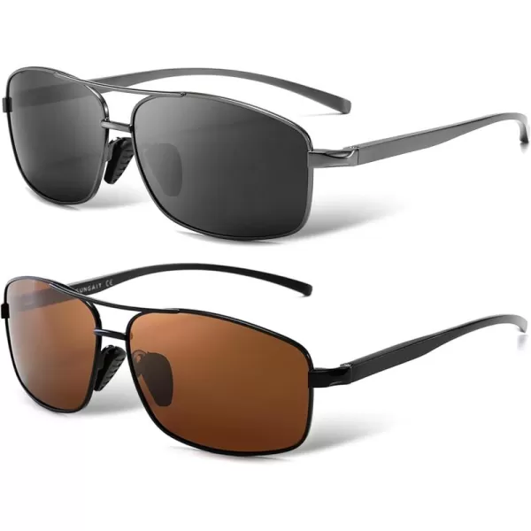 SUNGAIT Ultra Lightweight Rectangular Polarized Sunglasses UV400 Protection2 Pack Gunmetal Grayblack Brown