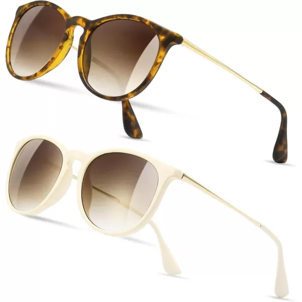 SUNGAIT Vintage Round Sunglasses for Women Men Classic Retro Designer Style2 Pack Nonpolarized Matte AmberBrown Gradientmilky WhiteBrown Gradient