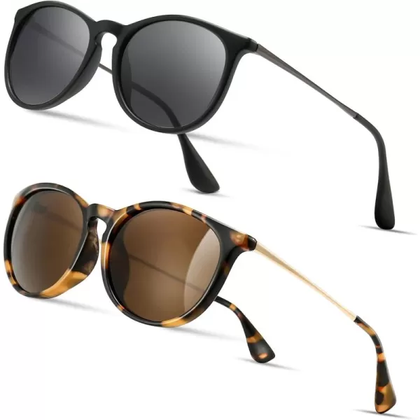 SUNGAIT Vintage Round Sunglasses for Women Men Classic Retro Designer Style2 Pack Polarized Matte BlackGrayglossy LeopardBrown