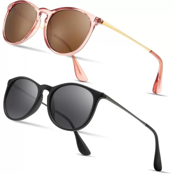 SUNGAIT Vintage Round Sunglasses for Women Men Classic Retro Designer Style2 Pack Polarized Matte BlackGrayglossy Pink BrownLightbrown