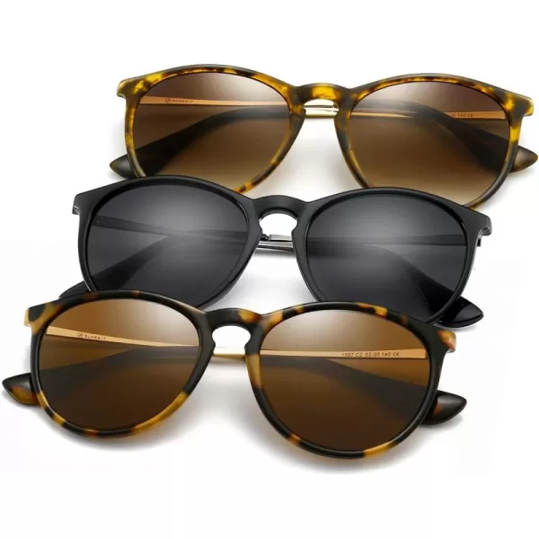 SUNGAIT Vintage Round Sunglasses for Women Men Classic Retro Designer Style3 Pack Polarized Matte AmberBrown Gradientmatte BlackGrayglossy LeopardBrown