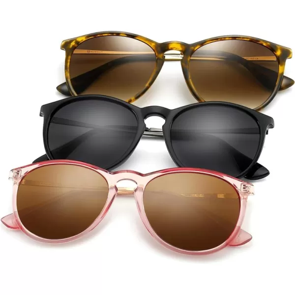 SUNGAIT Vintage Round Sunglasses for Women Men Classic Retro Designer Style3 Pack Polarized Matte AmberBrown Gradientmatte BlackGrayglossy Pink BrownLightbrown