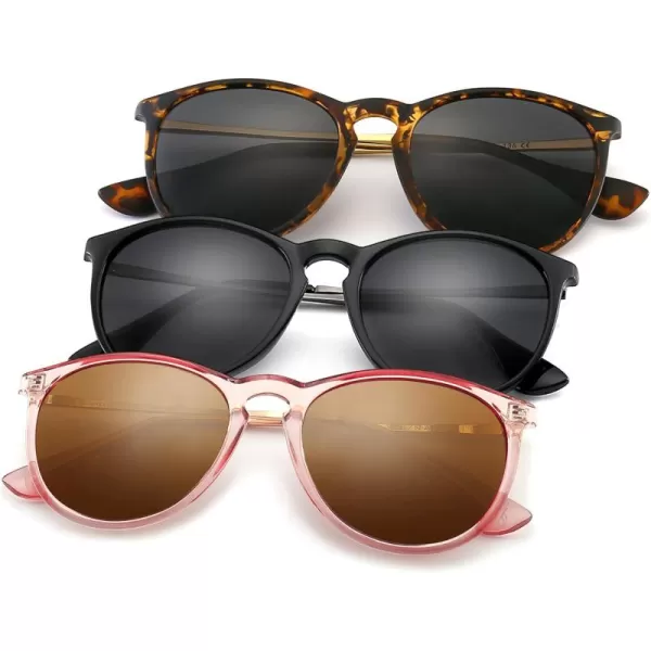 SUNGAIT Vintage Round Sunglasses for Women Men Classic Retro Designer Style3 Pack Polarized Matte BlackGrayglossy Pink BrownLightbrownmatte AmberGray