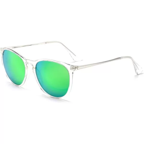 SUNGAIT Vintage Round Sunglasses for Women Men Classic Retro Designer StylePolarized Green Mirror LensTransparent Frame