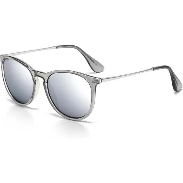 SUNGAIT Vintage Round Sunglasses for Women Men Classic Retro Designer StylePolarized Silver Mirrored LensTransparent Gray Frame