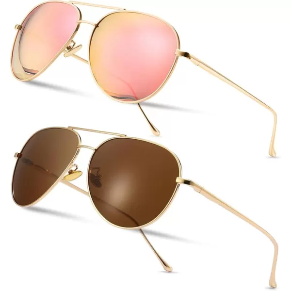 SUNGAIT Womens Lightweight Oversized Aviator Sunglasses  Mirrored Polarized Lens2 Pack Polarized  LightgoldPink Mirrored  LightgoldBrown