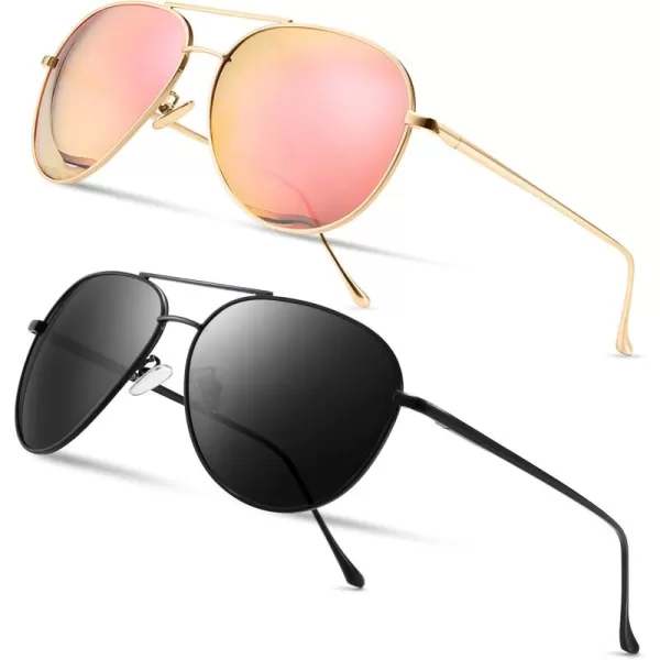 SUNGAIT Womens Lightweight Oversized Aviator Sunglasses  Mirrored Polarized Lens2 Pack Polarized LightgoldPink MirroredblackGray