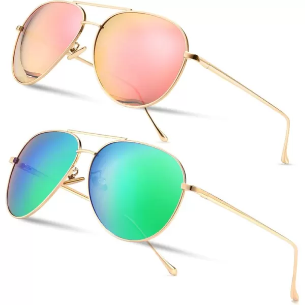 SUNGAIT Womens Lightweight Oversized Aviator Sunglasses  Mirrored Polarized Lens2 Pack Polarized  LightgoldPink MirroredlightgoldGreen Mirrored