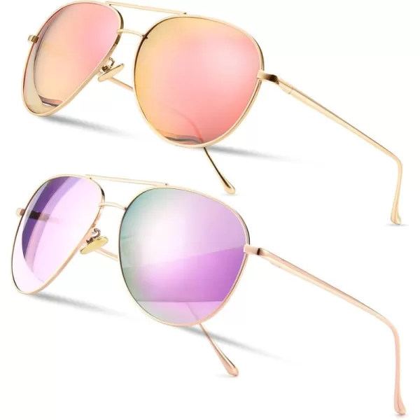 SUNGAIT Womens Lightweight Oversized Aviator Sunglasses  Mirrored Polarized Lens2 Pack Polarized LightgoldPink Mirroredrose GoldPurple Mirrored