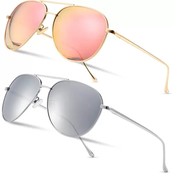 SUNGAIT Womens Lightweight Oversized Aviator Sunglasses  Mirrored Polarized Lens2 Pack Polarized LightgoldPink MirroredsilverSilver Mirrored