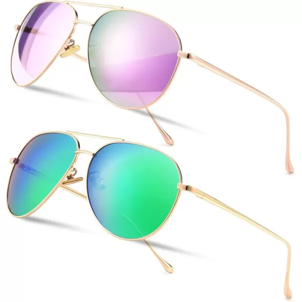 SUNGAIT Womens Lightweight Oversized Aviator Sunglasses  Mirrored Polarized Lens2 Pack Polarized Rose GoldPurple MirroredlightgoldGreen Mirrored