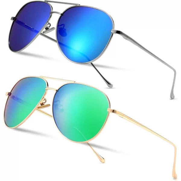 SUNGAIT Womens Lightweight Oversized Aviator Sunglasses  Mirrored Polarized Lens2 Pack Polarized  SilverOcean Blue MirroredlightgoldGreen Mirrored