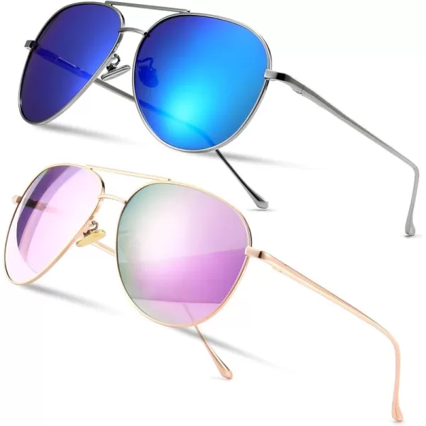 SUNGAIT Womens Lightweight Oversized Aviator Sunglasses  Mirrored Polarized Lens2 Pack Polarized  SilverOcean Blue Mirroredrose GoldPurple Mirrored