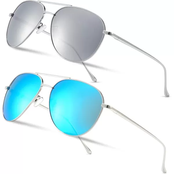 SUNGAIT Womens Lightweight Oversized Aviator Sunglasses  Mirrored Polarized Lens2 Pack Polarized  SilverSilver MirroredsilverBlue Mirrored