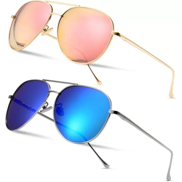 SUNGAIT Womens Lightweight Oversized Aviator Sunglasses  Mirrored Polarized Lens2 Pack PolarizedlightgoldPink Mirrored  SilverOcean Blue Mirrored