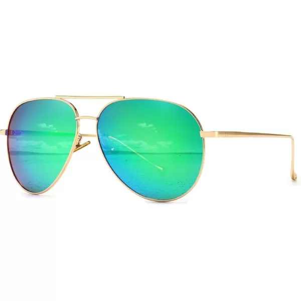 SUNGAIT Womens Lightweight Oversized Aviator Sunglasses  Mirrored Polarized LensLightgold FrameGreen Mirror Lens  60