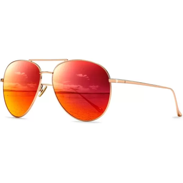 SUNGAIT Womens Lightweight Oversized Aviator Sunglasses  Mirrored Polarized LensLightgold FrameOrangered Mirror Lens