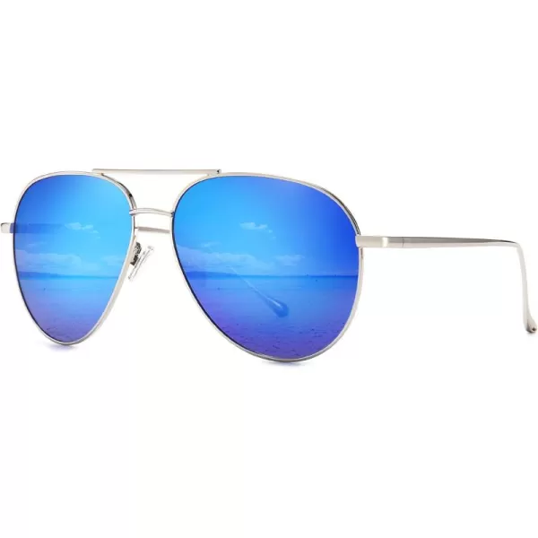 SUNGAIT Womens Lightweight Oversized Aviator Sunglasses  Mirrored Polarized LensSilver FrameOcean Blue Mirror Lens