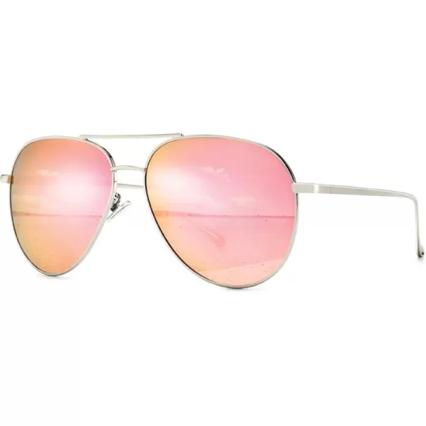 SUNGAIT Womens Lightweight Oversized Aviator Sunglasses  Mirrored Polarized LensSilver FramePink Mirror Lens  60