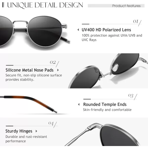 SUNGAIT Round Polarized Sunglasses for Men  Metal Frame Retro Style UV400 Protection for Driving Fishing Golf2024 Silver FramePolarized Gray Lens