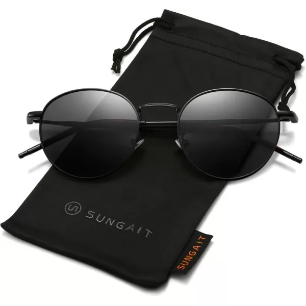 SUNGAIT Round Polarized Sunglasses for Men  Metal Frame Retro Style UV400 Protection for Driving Fishing Golf2024 Black FramePolarized Gray Lens