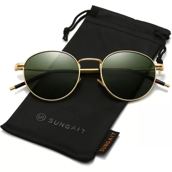 SUNGAIT Round Polarized Sunglasses for Men  Metal Frame Retro Style UV400 Protection for Driving Fishing Golf2024 Gold FramePolarized Green Lens