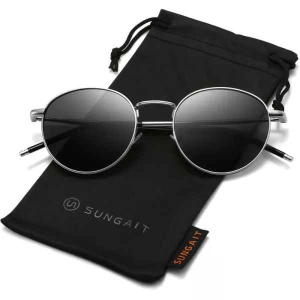 SUNGAIT Round Polarized Sunglasses for Men  Metal Frame Retro Style UV400 Protection for Driving Fishing Golf2024 Silver FramePolarized Gray Lens