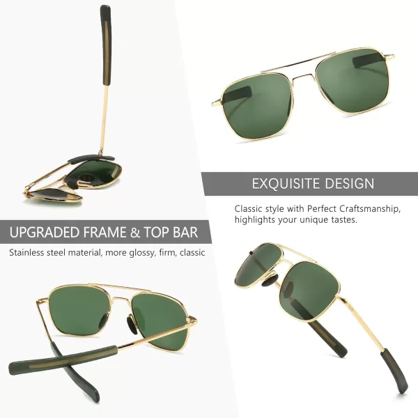 SUNGAIT Mens Military Style Polarized Pilot Aviator Sunglasses Bayonet Temples2024 Gold FrameGreen Lens