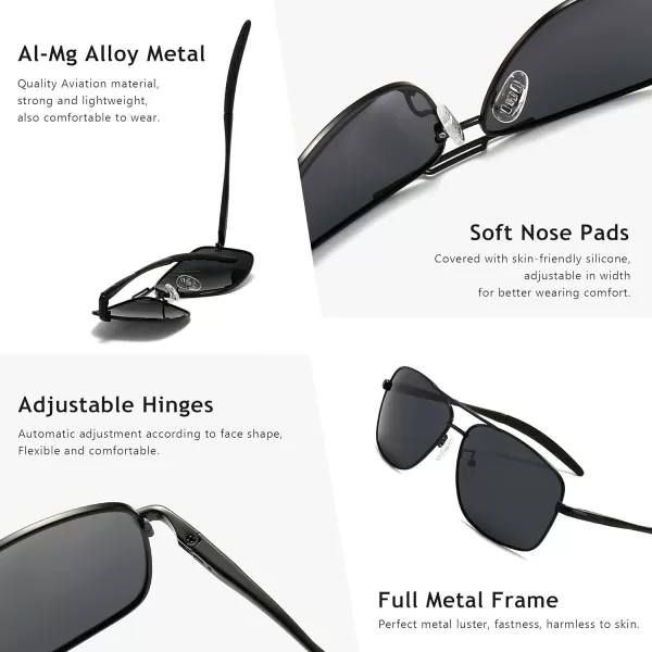 SUNGAIT Mens Polarized Square Aviator Sunglasses Durable Metal Frame for Fishing Driving Golf 100 UV ProtectionBlack FrameGrey Lens