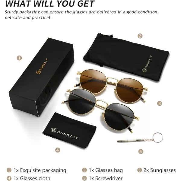 SUNGAIT Ponderable Metal Round Sunglasses for Men Women Classic Vintage Polarized Circle Sun Glasses2 Pack Polarized Gold Frame Gray Lensgold Frame Brown Lens