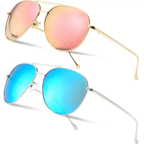 SUNGAIT Womens Lightweight Oversized Aviator Sunglasses  Mirrored Polarized Lens2 Pack Polarized  LightgoldPink MirroredsilverBlue Mirrored