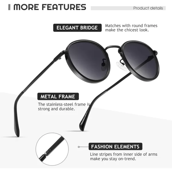 SUNGAIT Round Sunglasses for Women Men Retro Sun Glasses for Driving Beach Camping Trip  UV400 ProtectionBlack Frame Gray Lens