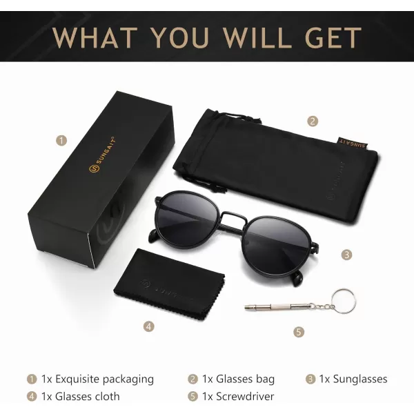 SUNGAIT Round Sunglasses for Women Men Retro Sun Glasses for Driving Beach Camping Trip  UV400 ProtectionBlack Frame Gray Lens