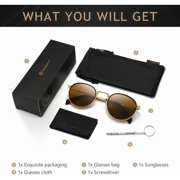 SUNGAIT Round Sunglasses for Women Men Retro Sun Glasses for Driving Beach Camping Trip  UV400 ProtectionGold Frame Brown Lens