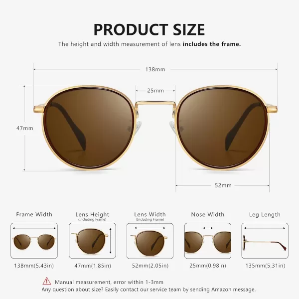 SUNGAIT Round Sunglasses for Women Men Retro Sun Glasses for Driving Beach Camping Trip  UV400 ProtectionGold Frame Brown Lens