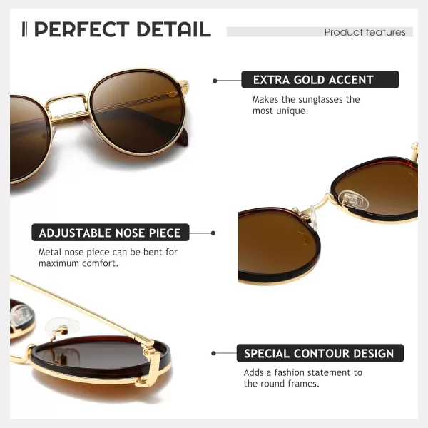 SUNGAIT Round Sunglasses for Women Men Retro Sun Glasses for Driving Beach Camping Trip  UV400 ProtectionGold Frame Brown Lens