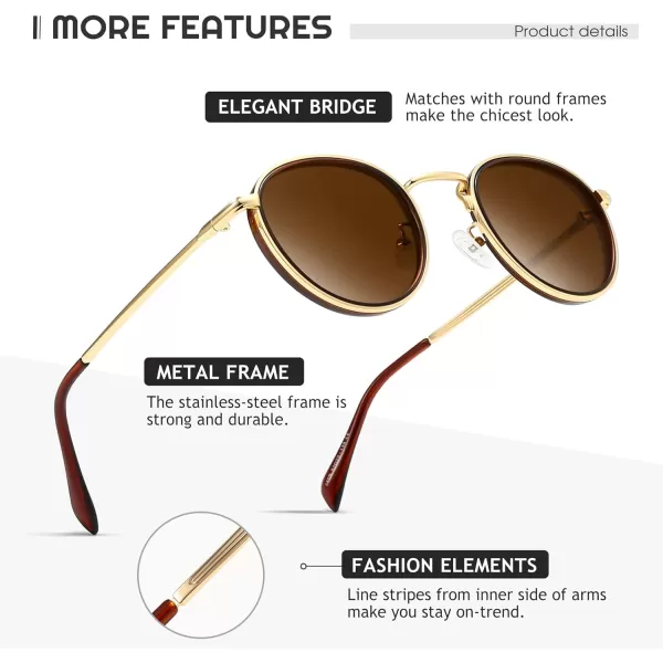 SUNGAIT Round Sunglasses for Women Men Retro Sun Glasses for Driving Beach Camping Trip  UV400 ProtectionGold Frame Brown Lens