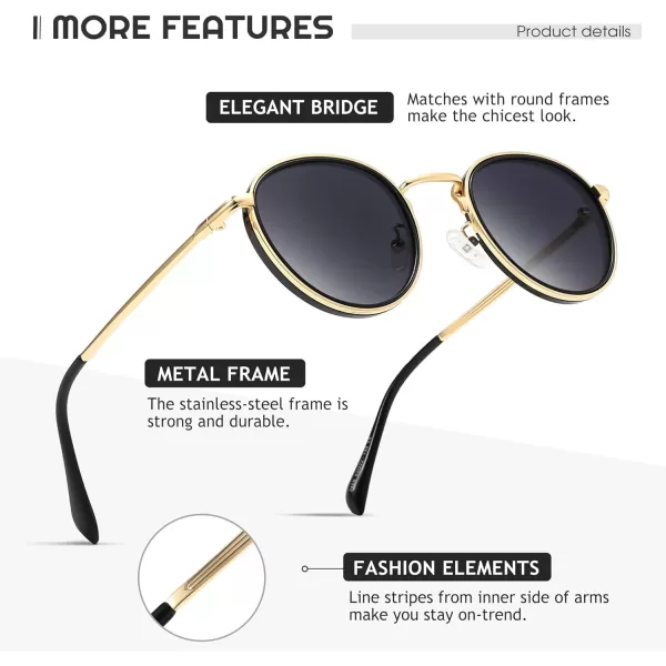 SUNGAIT Round Sunglasses for Women Men Retro Sun Glasses for Driving Beach Camping Trip  UV400 ProtectionGold Frame Gray Lens