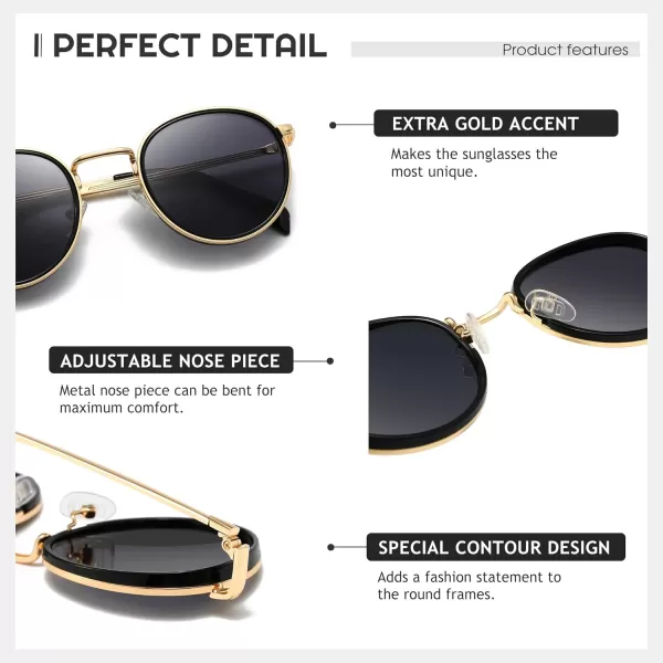 SUNGAIT Round Sunglasses for Women Men Retro Sun Glasses for Driving Beach Camping Trip  UV400 ProtectionGold Frame Gray Lens