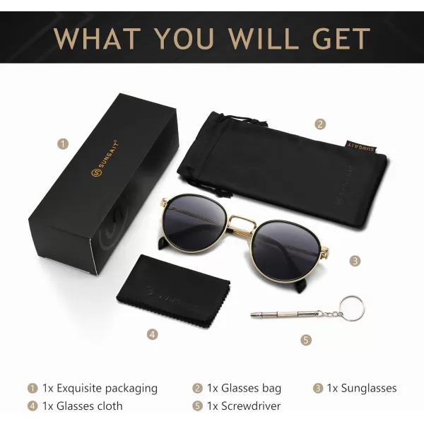 SUNGAIT Round Sunglasses for Women Men Retro Sun Glasses for Driving Beach Camping Trip  UV400 ProtectionGold Frame Gray Lens