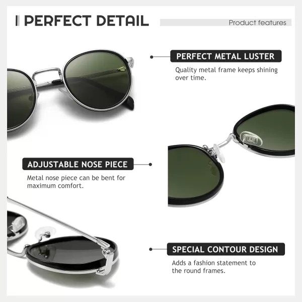 SUNGAIT Round Sunglasses for Women Men Retro Sun Glasses for Driving Beach Camping Trip  UV400 ProtectionSilver Frame Dark Green Lens