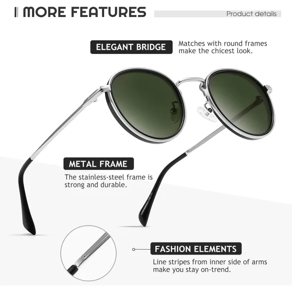 SUNGAIT Round Sunglasses for Women Men Retro Sun Glasses for Driving Beach Camping Trip  UV400 ProtectionSilver Frame Dark Green Lens
