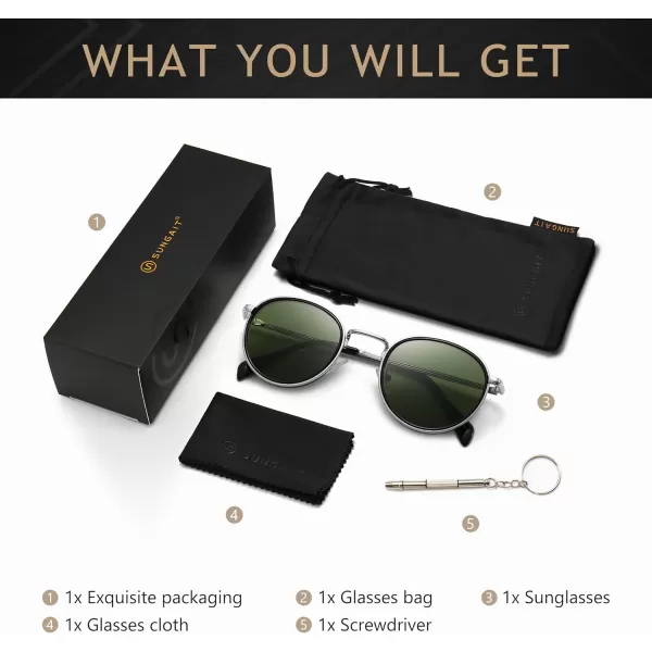 SUNGAIT Round Sunglasses for Women Men Retro Sun Glasses for Driving Beach Camping Trip  UV400 ProtectionSilver Frame Dark Green Lens