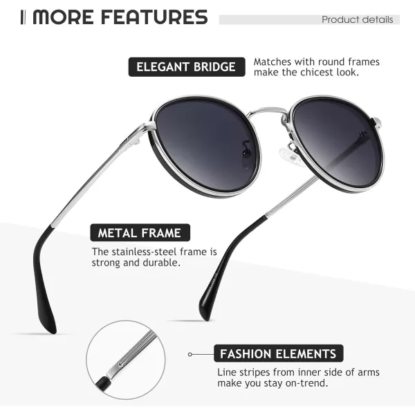 SUNGAIT Round Sunglasses for Women Men Retro Sun Glasses for Driving Beach Camping Trip  UV400 ProtectionSilver Frame Gray Lens