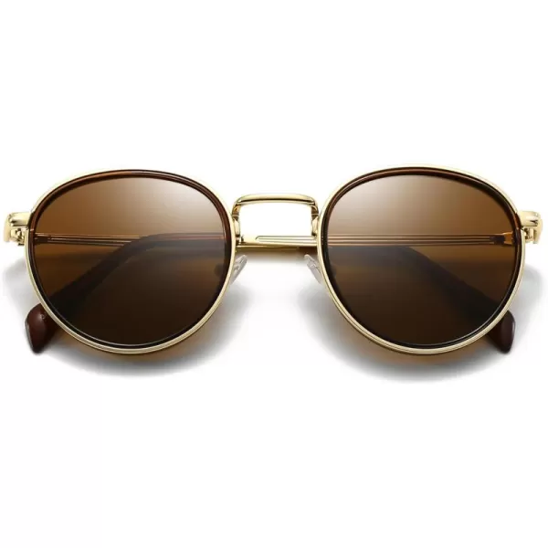 SUNGAIT Round Sunglasses for Women Men Retro Sun Glasses for Driving Beach Camping Trip  UV400 ProtectionGold Frame Brown Lens