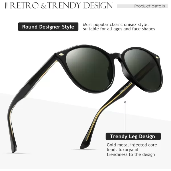 SUNGAIT Retro Round Sunglasses for Women Men Unisex Vintage Trendy Shades  UV400 Protection Classic Designer StyleGlossy Black FrameDark Green Lens