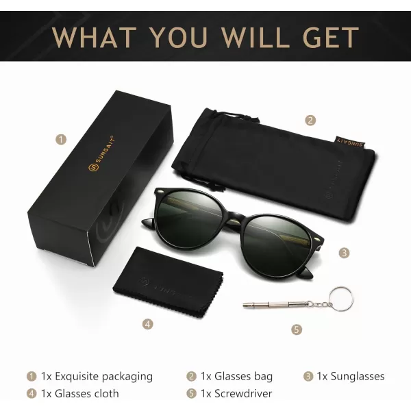 SUNGAIT Retro Round Sunglasses for Women Men Unisex Vintage Trendy Shades  UV400 Protection Classic Designer StyleGlossy Black FrameDark Green Lens